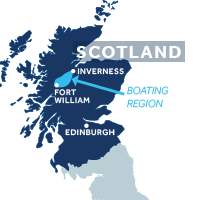 Map showing where the Caledonian Canal boating region is in Scotland